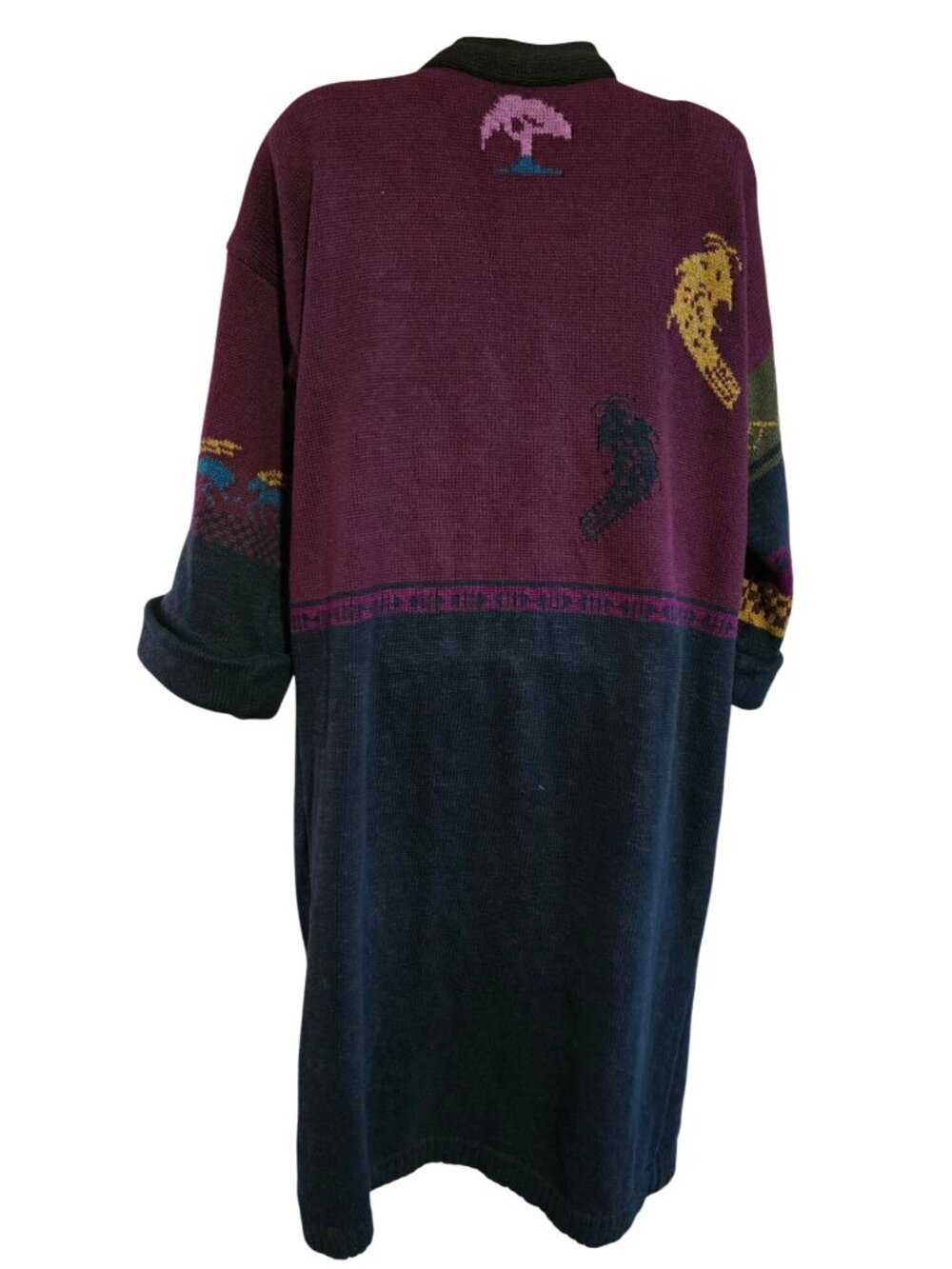 Colorful Birds & Moose Patterned Long Knit Sweater Cardigan ski warm winter - Picture 2 of 15